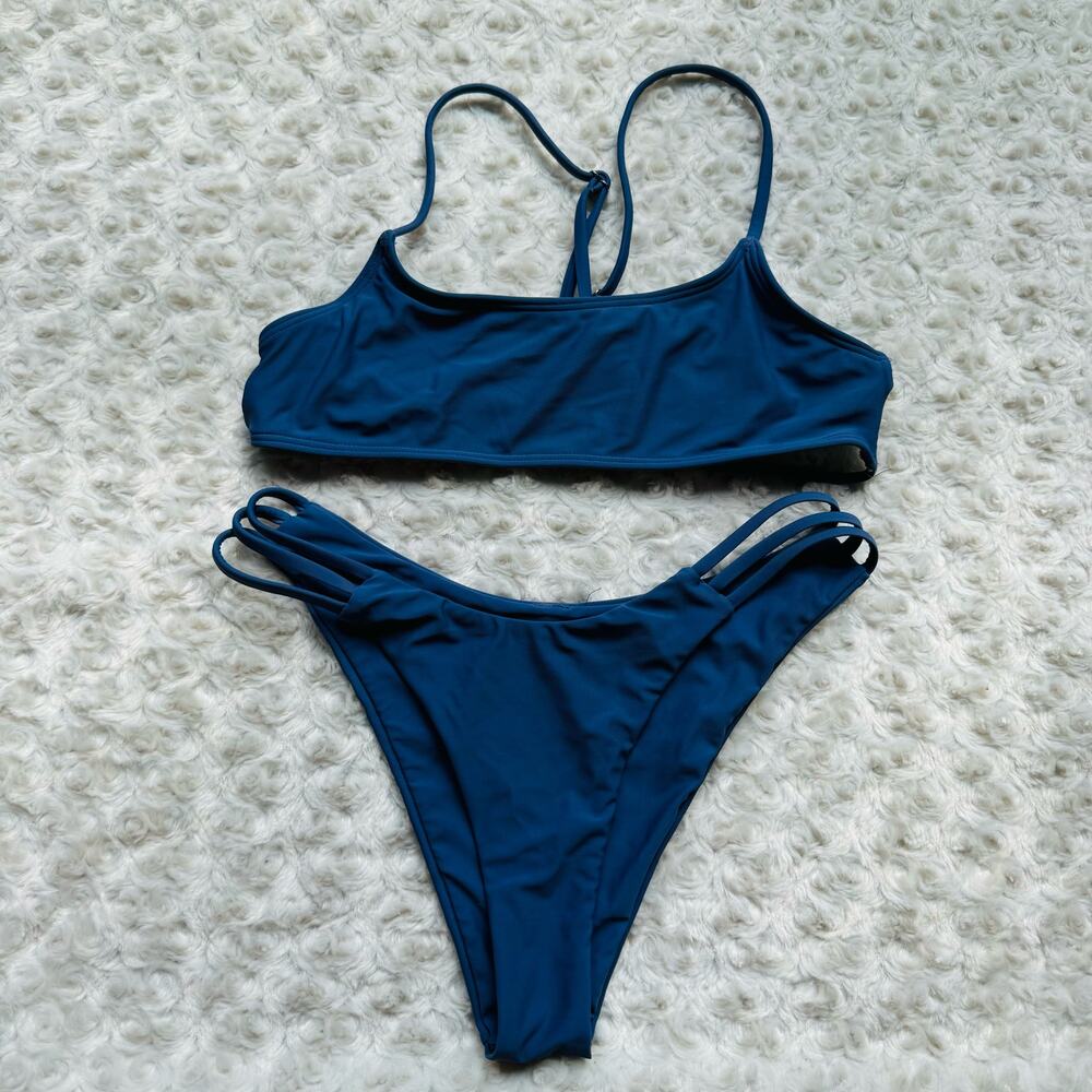 Blue Strappy Adjustable 2 piece High Cut Bikini Swimwear Bathing Suit Size Small